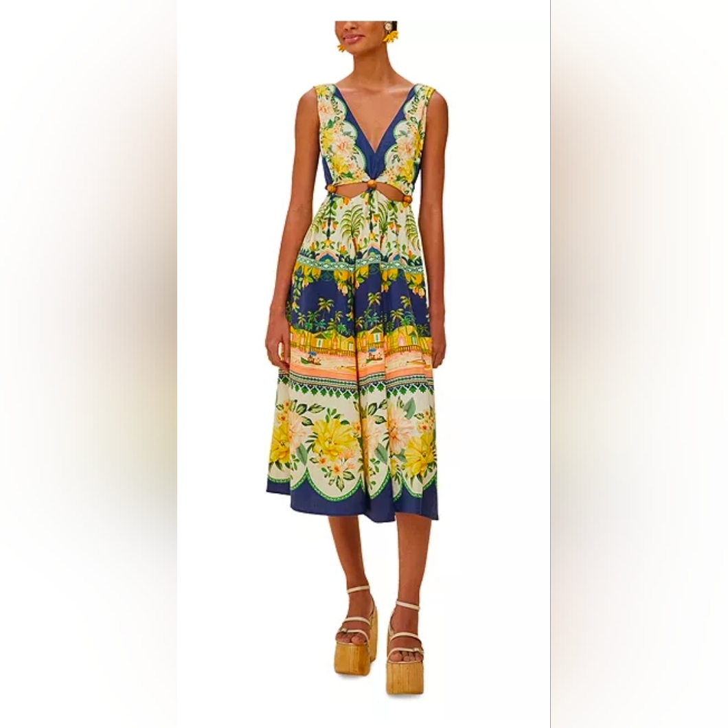Nwt Farm Rio Amazon Garden Cream Midi Dress Size Large Tropical Resortwear